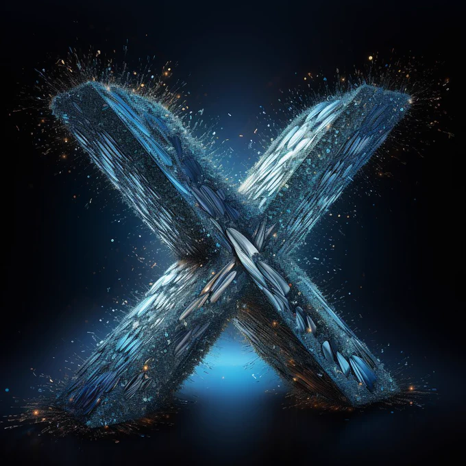 a large and giant letter X as a blue bird, volumetric, blue glitter and blue diamond dust, i can't believe how beautiful this is, ethereal figures, futuristic chromatic waves, surrealism style, dot matrix, swirl digital binary codes falling away --s 250