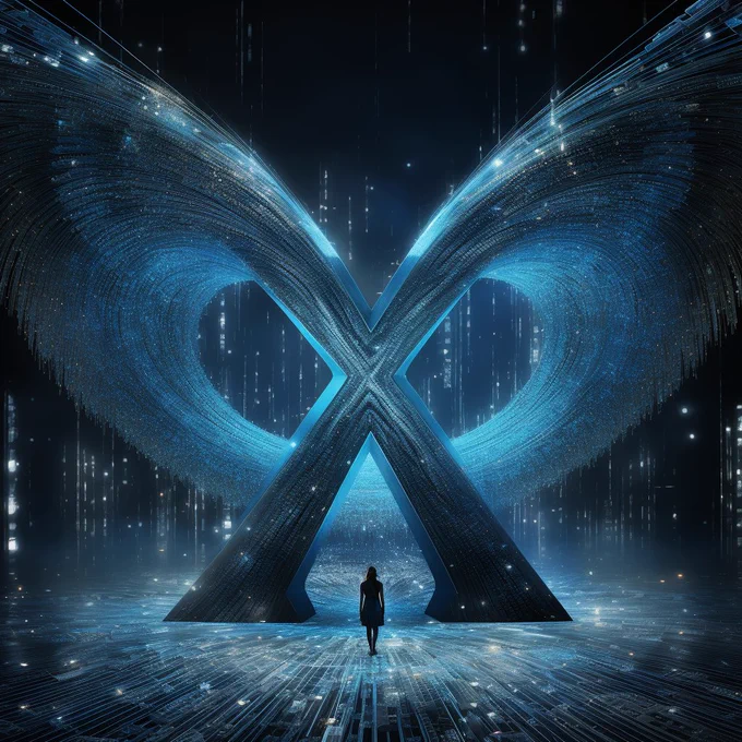 a large and giant letter X as a blue bird, volumetric, blue glitter and blue diamond dust, i can't believe how beautiful this is, ethereal figures, futuristic chromatic waves, surrealism style, dot matrix, swirl digital binary codes falling away --s 250