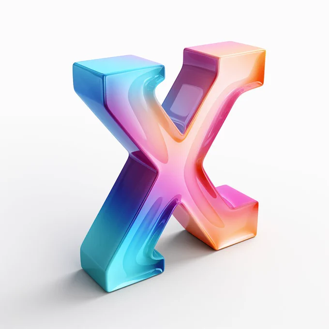 3D Icon of the letter X, plain white background, isometric, translucent, 3D rendering, C4D, blender --s 250