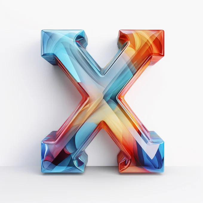 3D Icon of the letter X, plain white background, isometric, translucent, 3D rendering, C4D, blender --s 250