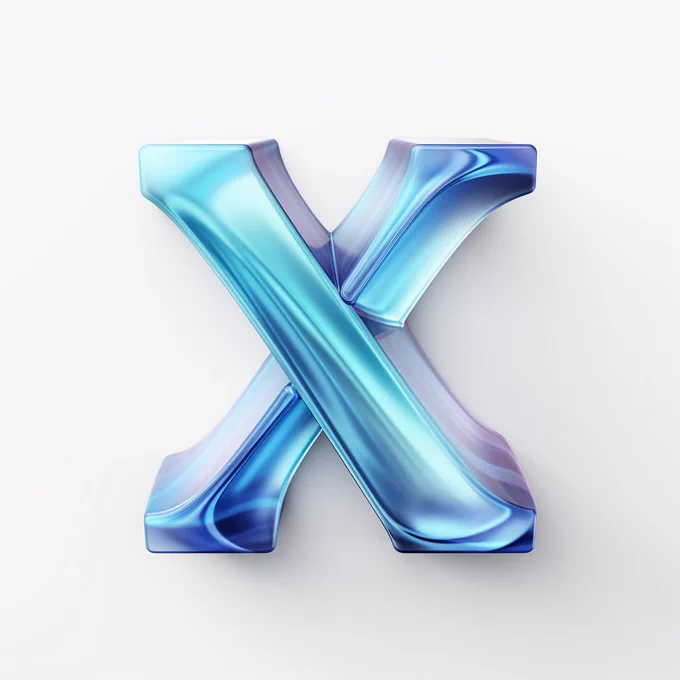 3D Icon of the letter X, plain white background, isometric, translucent, 3D rendering, C4D, blender --s 250