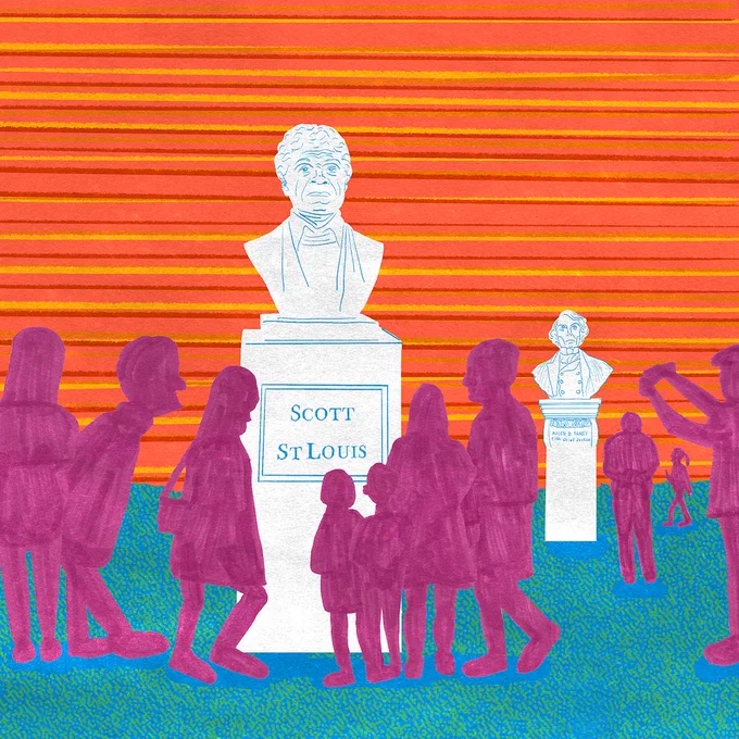 An illustration of a large bust of Dred Scott on a tall pillar is in the foreground with several people standing around looking at it and reading what is inferred as an informational plaque. In the background is a bust of Chief Justice Roger Brooke Taney.