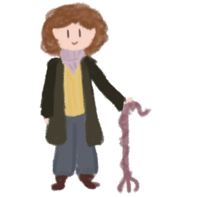 Crayon doodle illustration of a tall, lanky figure with a cane wearing three layered sweaters in neutral colors.