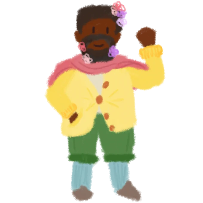 Crayon doodle illustration of a fat Black man wearing bright colors; a half-buttoned yellow cardigan, rolled up green pants, blue socks, and a red scarf. He has flowers in his beard and he waves at the viewer with a friendly smile.