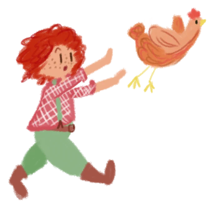 Crayon doodle illustration of someone in green pants with suspenders and a red and white flannel chasing after a chicken as it flies away.