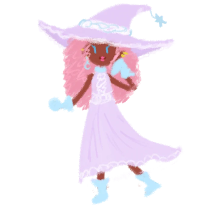 A crayon doodle illustration of a Black woman with long pink hair in a lavender and pastel blue outfit; a long dress and a big witch hat.