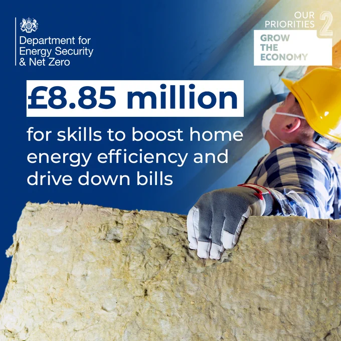 Image of man installing loft insulation with messaging that reads £8.85 million for skills to boost home energy efficiency and drive down bills