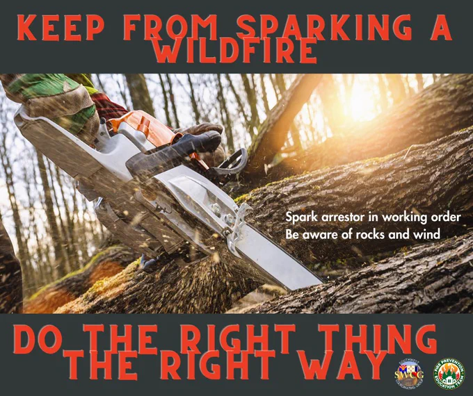Up close image of chainsaw cutting through a down tree in a forested area and the sun shines brightly in the distance. Text reads "keep from sparking a wildfire. Do the right thing the right way. Spark arrestor in working order. Be aware of rock and wind". FPET and SWCG logos in bottom corner.