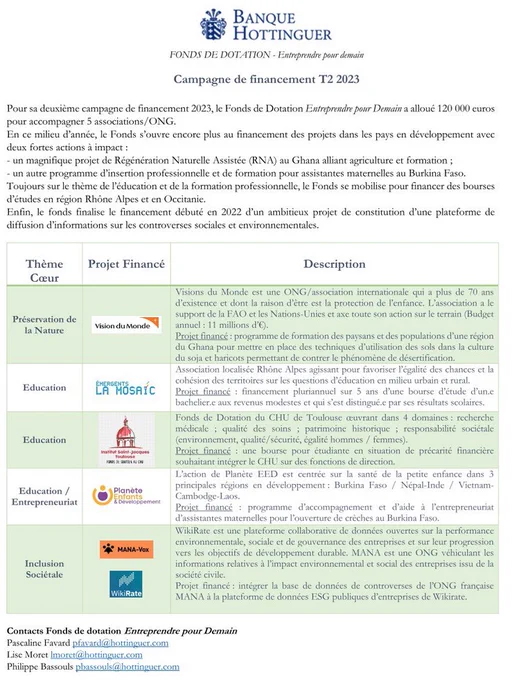 Fonds de Dotation "Entreprendre pour Demain" - HOTTINGUER - Campagne de financement T2 2023