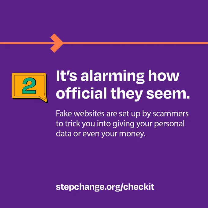 Image shows a purple background with white text 'It's alarming how official they seem. Fake websites are set up by scammers to trick you into giving your personal data or even your money.' A yellow message icon is seen on the left with the number two in green.