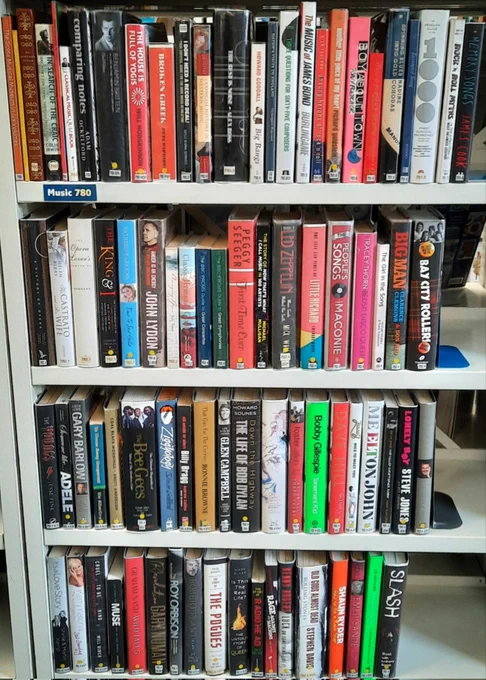 Shelves of books about musicians and bands.