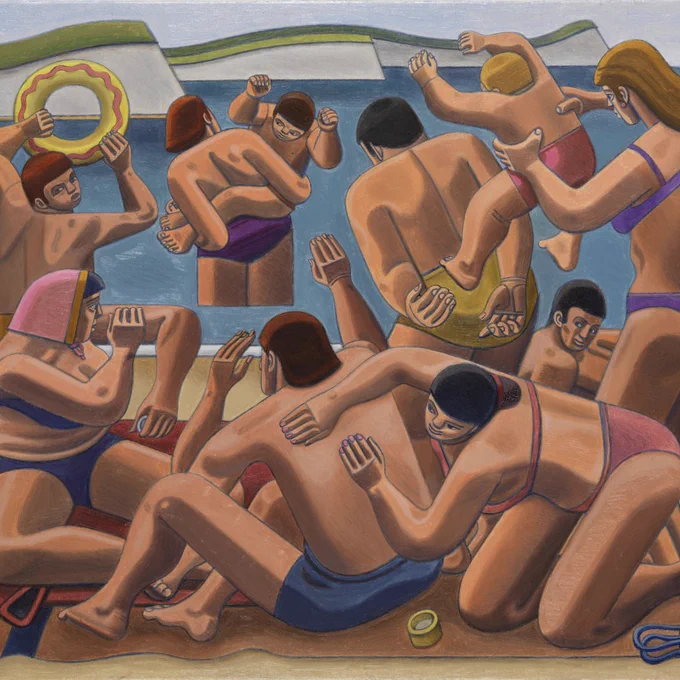 A painting of a group of people on a beach.