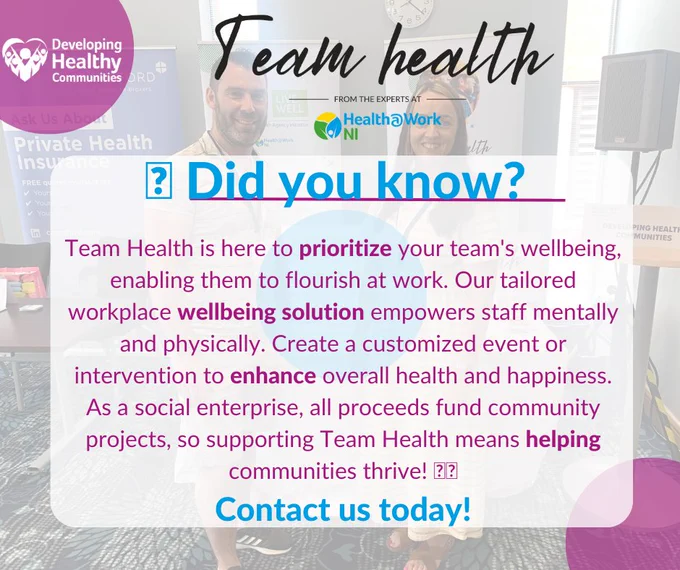 🌟 Did you know?
Team Health is here to prioritize your team's wellbeing, enabling them to flourish at work. Our tailored workplace wellbeing solution empowers staff mentally and physically. Create a customized event or intervention to enhance overall health and happiness. As a social enterprise, all proceeds fund community projects, so supporting Team Health means helping communities thrive! 🤝🌱
Contact us today!