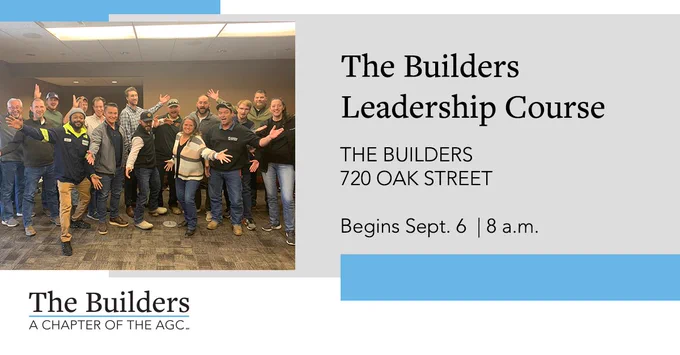 Infographic with The Builders Leadership Course details and a group image of last year's attendees. 