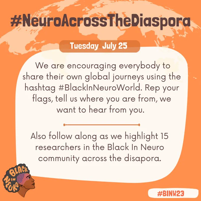 Text in a beige box on an orange background with a silhouette of the world at the top. The Black In Neuro logo is in the bottom left. The text reads: “We are encouraging everybody to share their own global journeys using the hashtag #BlackInNeuroWorld. Rep your flags, tell us where you are from, we want to hear from you. Also follow along as we highlight 15 researchers in the Black In Neuro community across the disapora. #BINW23"