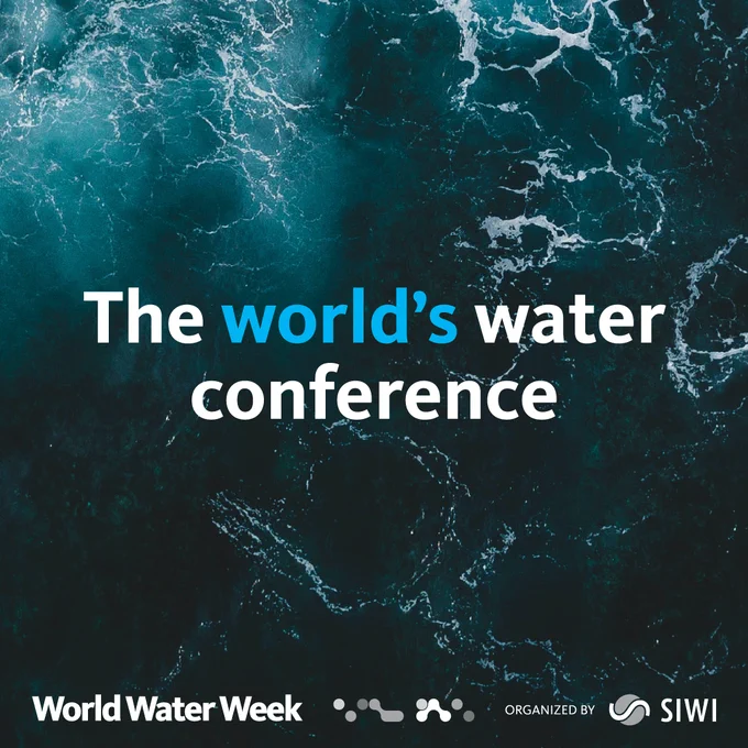 The world's water conference. World Water Week. Organized by SIWI.
In the background: a photo of dark blue ocean waves.