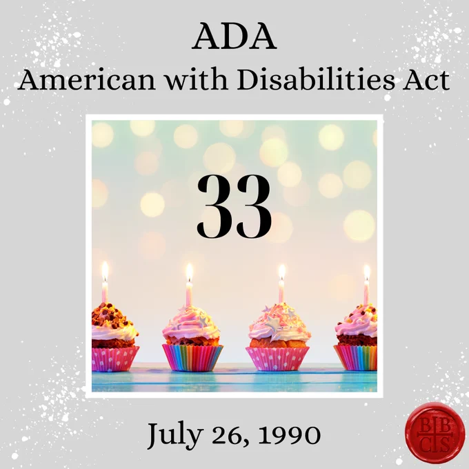 Gray background with image of four cupcakes in pastel wrappers with white icing and sprinkles and one lit candle in each. Black text:  ADA, American with Disabilities Act, July 26, 1990.