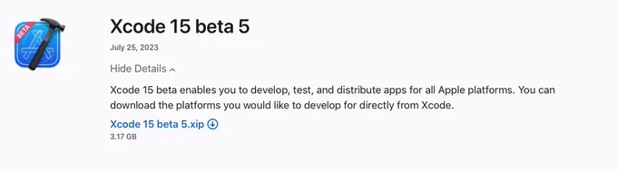 Xcode 15 beta 5 details page on the Apple Developer website.