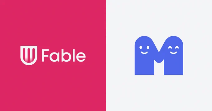 Fable logo with shield icon in white on pink background. Magnify logo, a purple graphic with two abstract smiling people holding hands to shape the letter 'M'. 