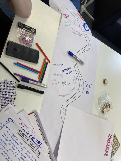 Drawing of a road map with the title Birth. Around the road are different feelings related to that period such as: lonely, lack of confidence and scared.