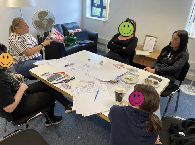 Five women sat round a table. In the middle of the table are sheets of paper with a road map drawn in the middle. There are different thoughts and feelings written around the road to describe how they felt during this stage of their journey.