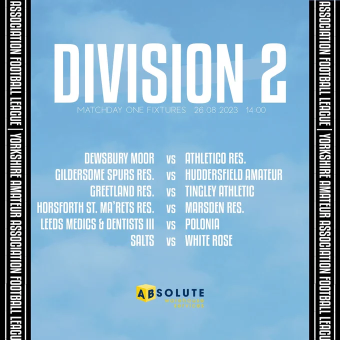 There’s six fixtures to go at in Division 2 where new outfit Dewsbury Moor will pit their wits against Athletico Reserves. Gildersome Spurs Reserves bounced straight back after relegation and welcome Huddersfield Amateur on the opening day. Greetland Reserves welcome Tingley Athletic and Horsforth St. Margarets Reserves host Marsden Reserves. Polonia travel to Leeds Medics & Dentists III and Salts play host to White Rose in a repeat fixture from last season.