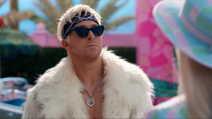 Ryan Gosling as cool Ken wearing a fur coat, a hora necklace, a bandana in his blonde hair and acting  cool and mean to Barbie