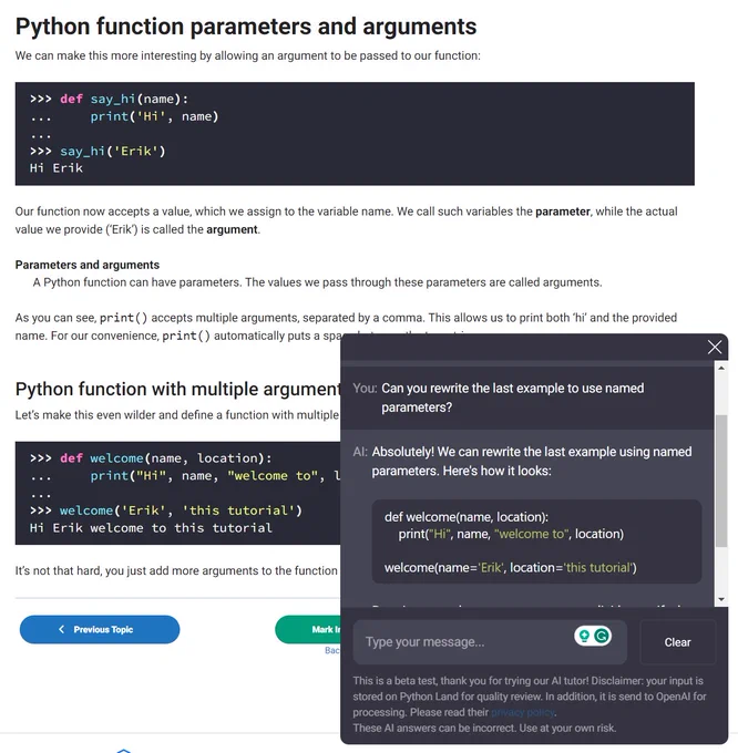 Example of how the AI assistant uses the page context to rewrite some Python code.