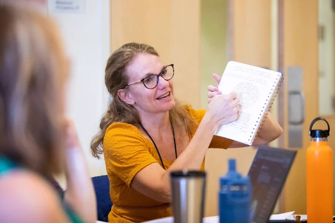 A MFA student shows off a circular description they’ve written in a class exercise. The student is wearing a yellow tee-shirt and glasses. They are holding up a spiral hound notebook for their classmates to see around the table.