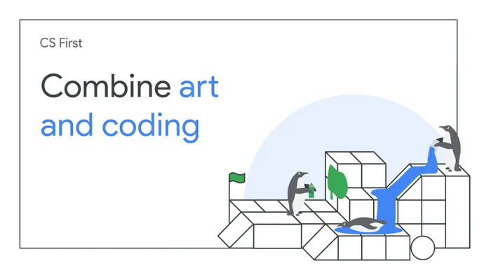 Image shows penguins using paint om building blocks with text that says CS First Combine art and coding