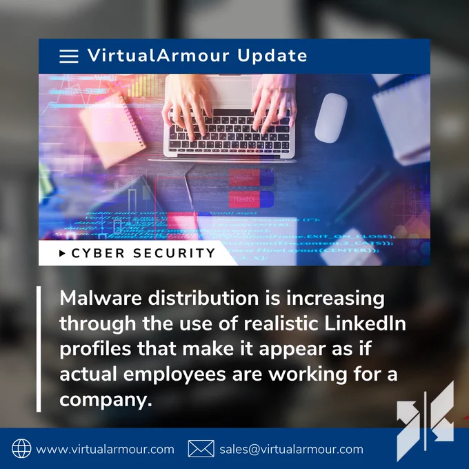 Picture of a news reel with the caption: Malware distribution is increasing through the use of realistic LinkedIn profiles that make it appear as if actual employees are working for a company