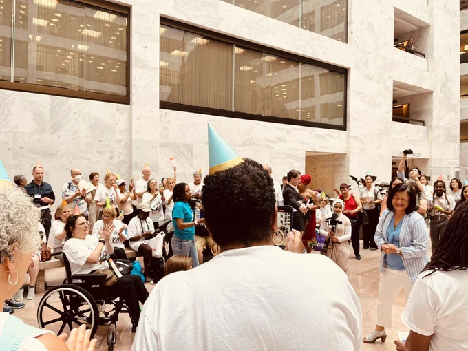 Rep. Jayapal speaks at our rally in the Hart Senate Building.