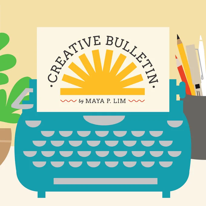 Announcement on paper in blue typewriter for Creative Bulletin by Maya P. Lim