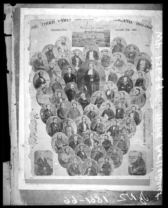 The Third Parliament of New Zealand, 1861-1866. Copy photograph of composite photograph of Ministers of Parliament, Dated circa 1865.