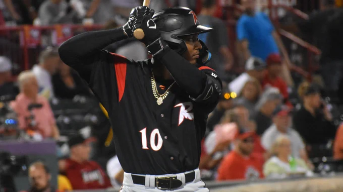 Marco Luciano in black Sacramento helmet and jersey raises his elbows at the plate to hit.