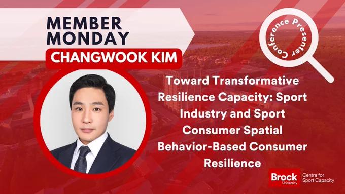 This is a post with multiple components. It is a post promoting the work of C.S.C. member Dr. Changwook Kim. On the top left of the post, there is writing which says "Member Monday" and "Changwook Kim." Underneath, there is a headshot of Dr. Kim in a red circle frame. To the right, the title of the work he presented is there. It says, "Toward Transformative Resilience Capacity: Sport Industry and Sport Consumer Spatial Behavior-Based Consumer Resilience."