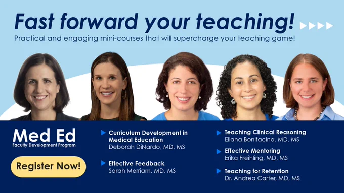 Smiling photographs of Pitt Med Ed Faculty Development Program instructors with course names