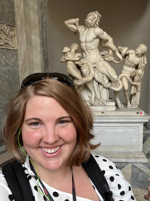 Deb elated in front of the Laocoon sculpture group