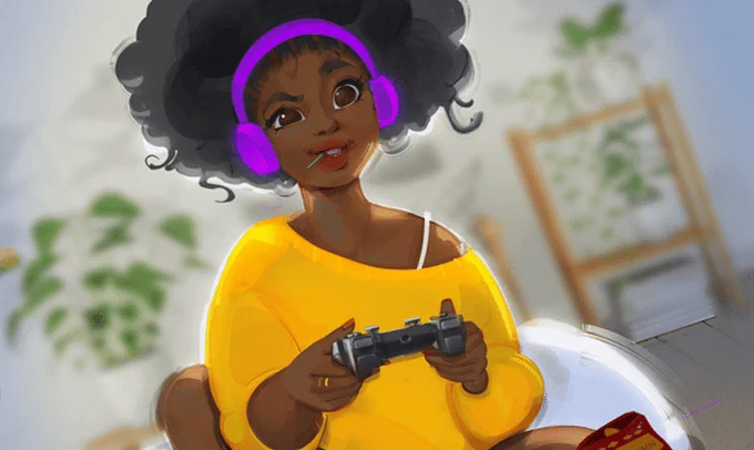 une afro gameuse en train de jouer à un jeu vidéo