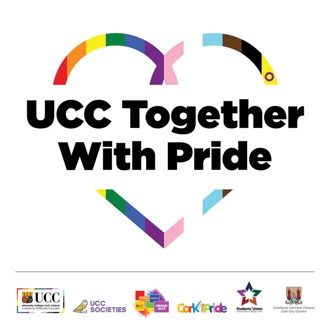 Outline of a love heart in pride flag colours, with text that says UCC Together with Pride.