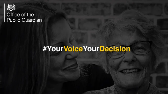 A mum looks at the camera, smiling. Her adult daughter is looking at her, smiling. The image is in black and white. Text over the top shows the hashtag Your Voice, Your Decision. #YourVoiceYourDecision