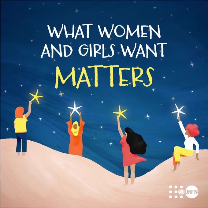 An illustrated card with sandy dunes on which four women, with different clothing and hair colour, are standing. Each reaches up to touch a yellow or white star just above them. Around and above them is an inky night sky filled with little stars and white text saying “What women and girls want matters”. A white UNFPA logo is in the bottom right.
