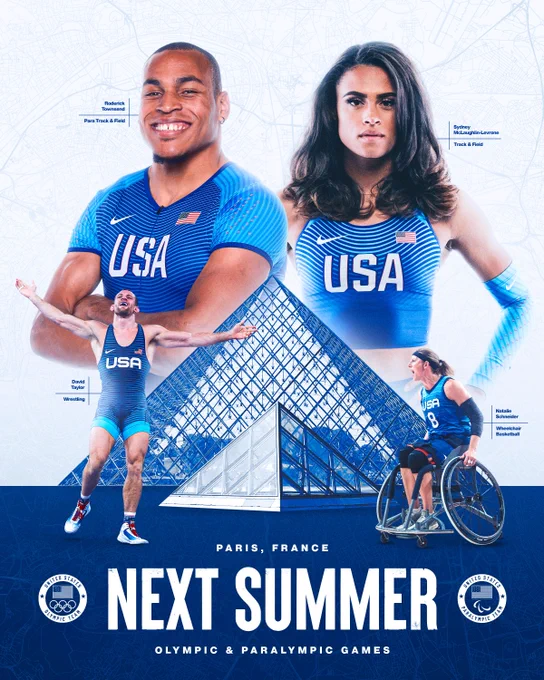 Photo of the Louvre with photos of Roderick Townsend, Sydney McLaughlin-Levrone, David Taylor and Natalie Schneider with text "Paris, France. Next Summer. Olympic & Paralympic Games. Roderick Townsend. Para Track and Field. Sydney McLaughlin-Levrone. Track and Field. David Taylor. Wrestling. Natalie Schneider. Wheelchair Basketball.