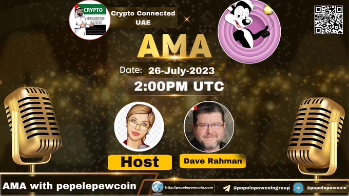 #PepeLePewCoin AMA with @CConnectedUAE
When? Wednesday July 27, 2023  
Time? 10 am EST / 2 pm UTC 
Where? Telegram Group @Crypto_Connected_UAE Prizes? $100 reward pool - See TG for details.