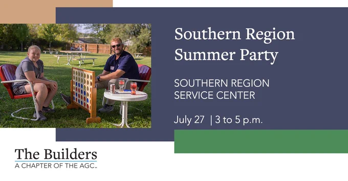 Infographic with Southern Region Summer Party details and an image of two people playing a yard game together. 