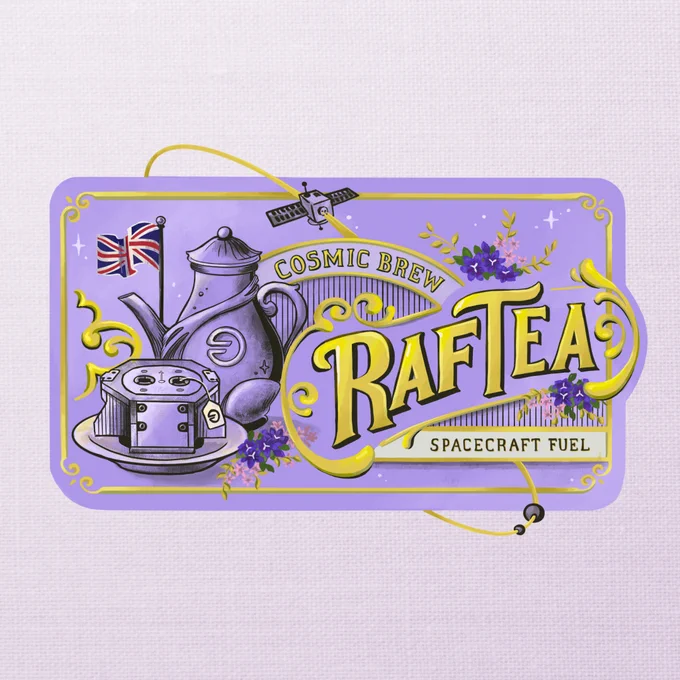 Lavender sticker design with image of RAFTI as a teacup and text RafTea spelled in illustrative font mimicking traditional UK tea packaging.