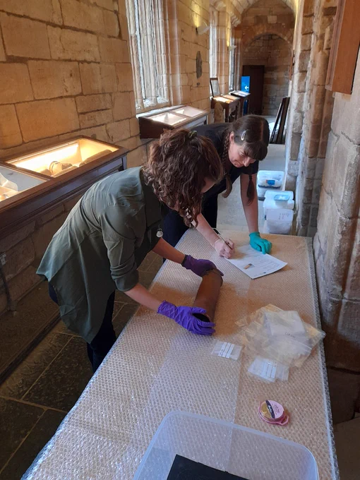 Two members of the HES collection team wear protectove gloves as they wrap an artefact in bubble wrap