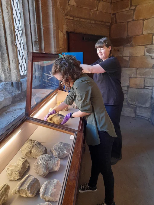 Two members of the HES collections team carefully remove a piece of carved stone from a glass display case