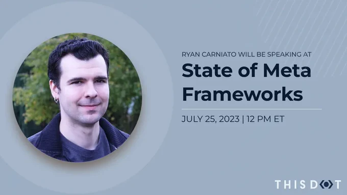 Picture of Ryan Carniato smiling. He will be speaking at State of Meta Frameworks. July 25, 2023. 12pm ET. This Dot logo