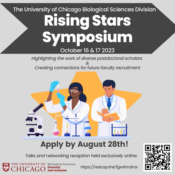 A flyer with a light grey background with a dark grey banner reading "The University of Chicago Biological Sciences Rising Stars Symposium October 16th & 17th 2023" with a sub title reading "Highlighting the work of diverse postdoctoral scholars & Creating connections for future faculty recruitment" with an image of a gold star behind two cartoon scientists working at a bench with a microscope, beakers, and test tubes. Below the cartoon reads the text "Apply by August 28th!" followed by "Talks and networking reception held exclusively online". At the bottom of the flyer is the logo of the university of Chicago biological sciences office of diversity and inclusion, a link reading "https://redcap.link/fgw6mdmx" and a QR code to the same address. 